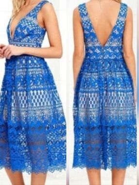 Lulus Lace Midi Dress Blue Sleeveless Special Occasion Wedding Guest Fit Flare